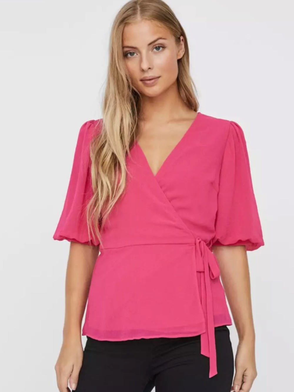 NWT Vero Moda Hot Pink V-neck Wrap Top with Short Sleeves